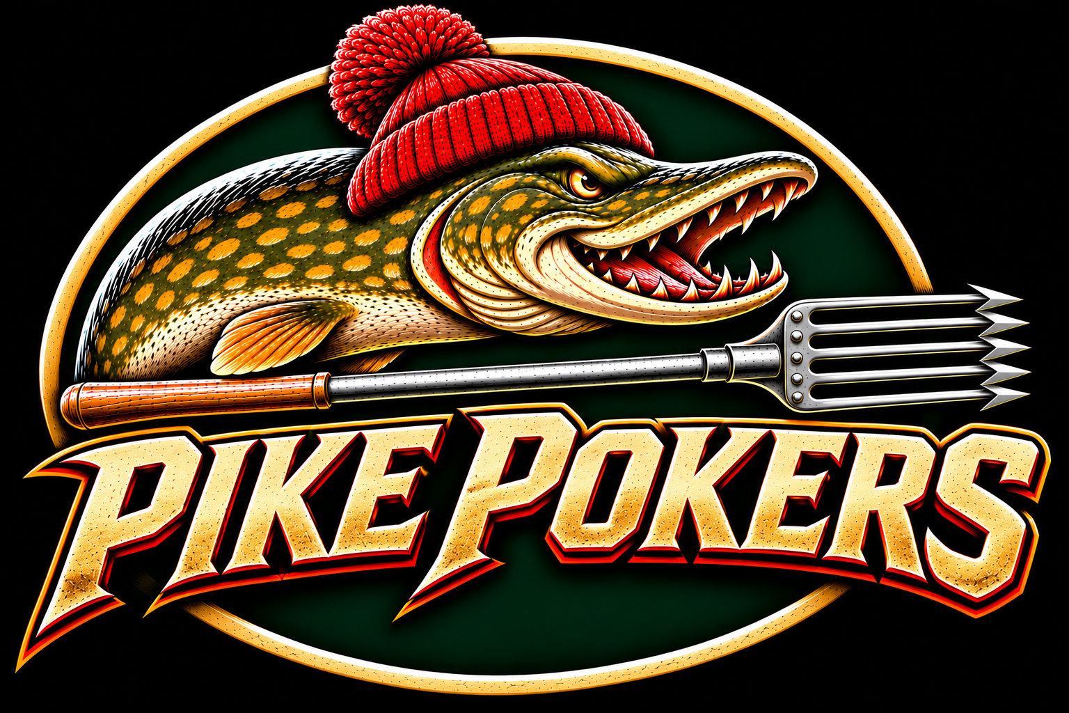 Pike Pokers logo: northern pike in a red stocking cap above a spearing spear